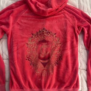 Juicy Couture Coral Pink Velour Hoodie with Gold Back Graphic